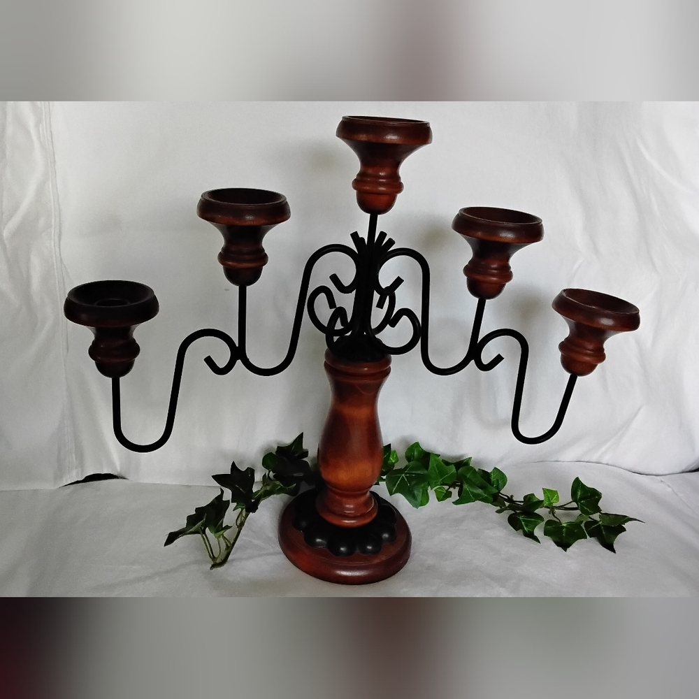 Vtg Homco Wood & Iron 5-Arm Candelabra